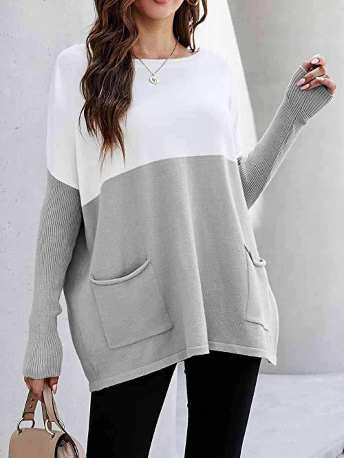 Two Tone Pullover Sweater with Pockets - Body By J'ne