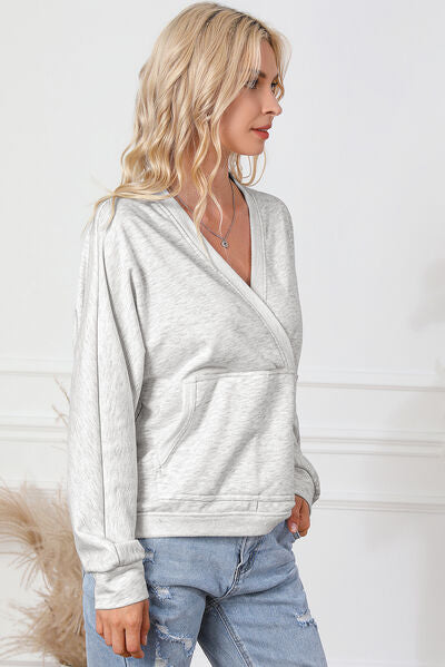 Surplice Pocketed Long Sleeve Sweatshirt - Body By J'ne