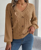 Cable-Knit V-Neck Lantern Sleeve Sweater - Body By J'ne