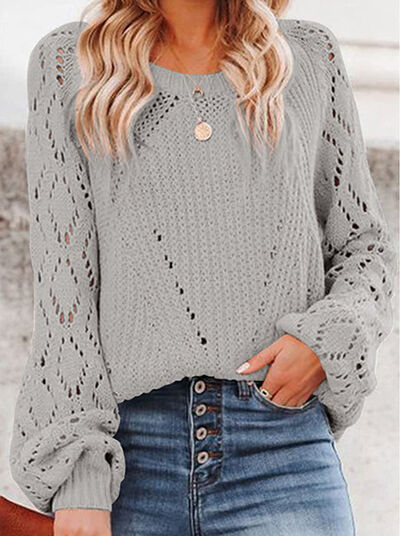 Openwork Round Neck Lantern Sleeve Sweater - Body By J'ne