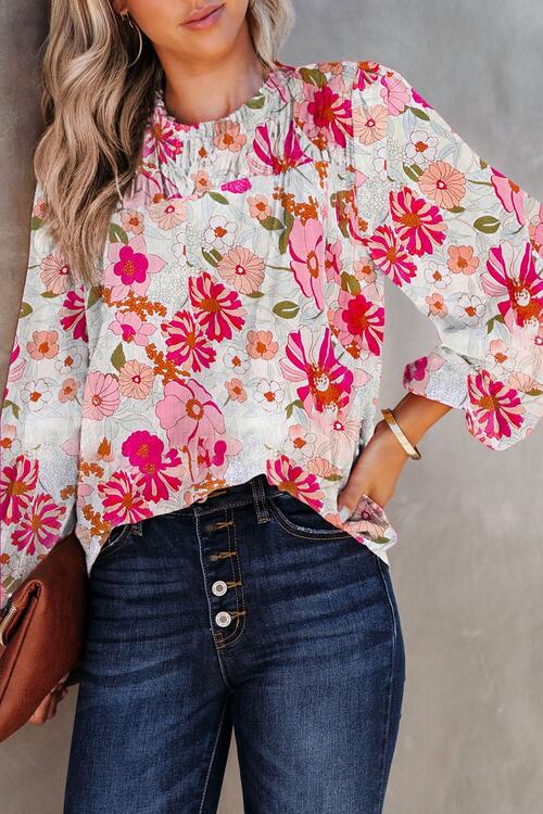 Floral Round Neck Balloon Sleeve Blouse - Body By J'ne