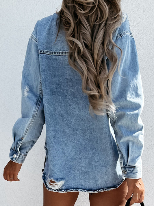 Distressed Snap Down Denim Jacket - Body By J'ne