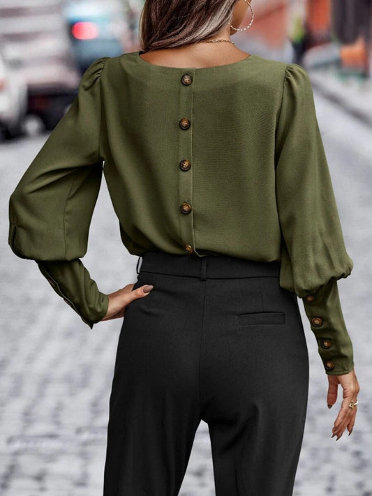 Round Neck Lantern Sleeve Blouse - Body By J'ne