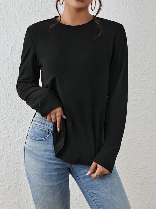 Round Neck Long Sleeve Slit T-Shirt - Body By J'ne