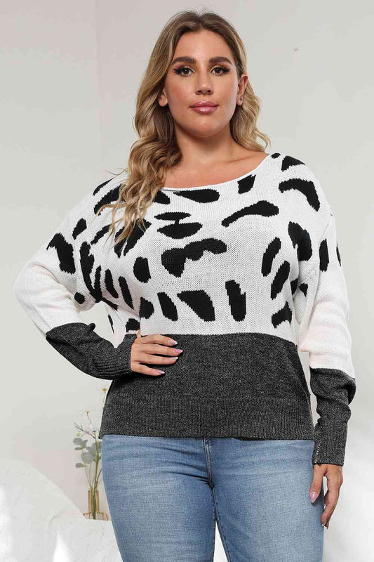 Plus Size Leopard Round Neck Long Sleeve Sweater - Body By J'ne