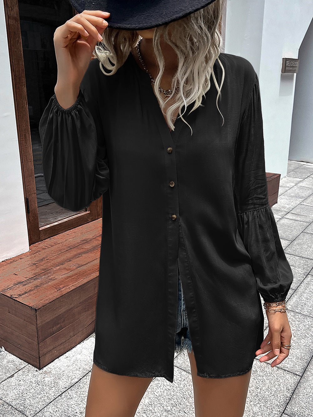 Notched Neck Balloon Sleeve Shirt - Body By J'ne