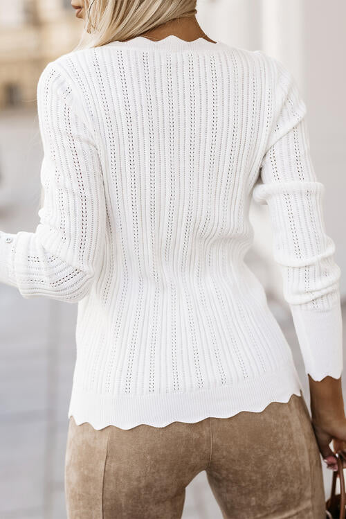 Eyelet Buttoned Long Sleeve Knit Top - Body By J'ne