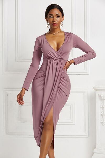 ruched surplice dress Foil Printed Surplice Dress with Ruched Waist & Cascade Ruffle Skirt Detail