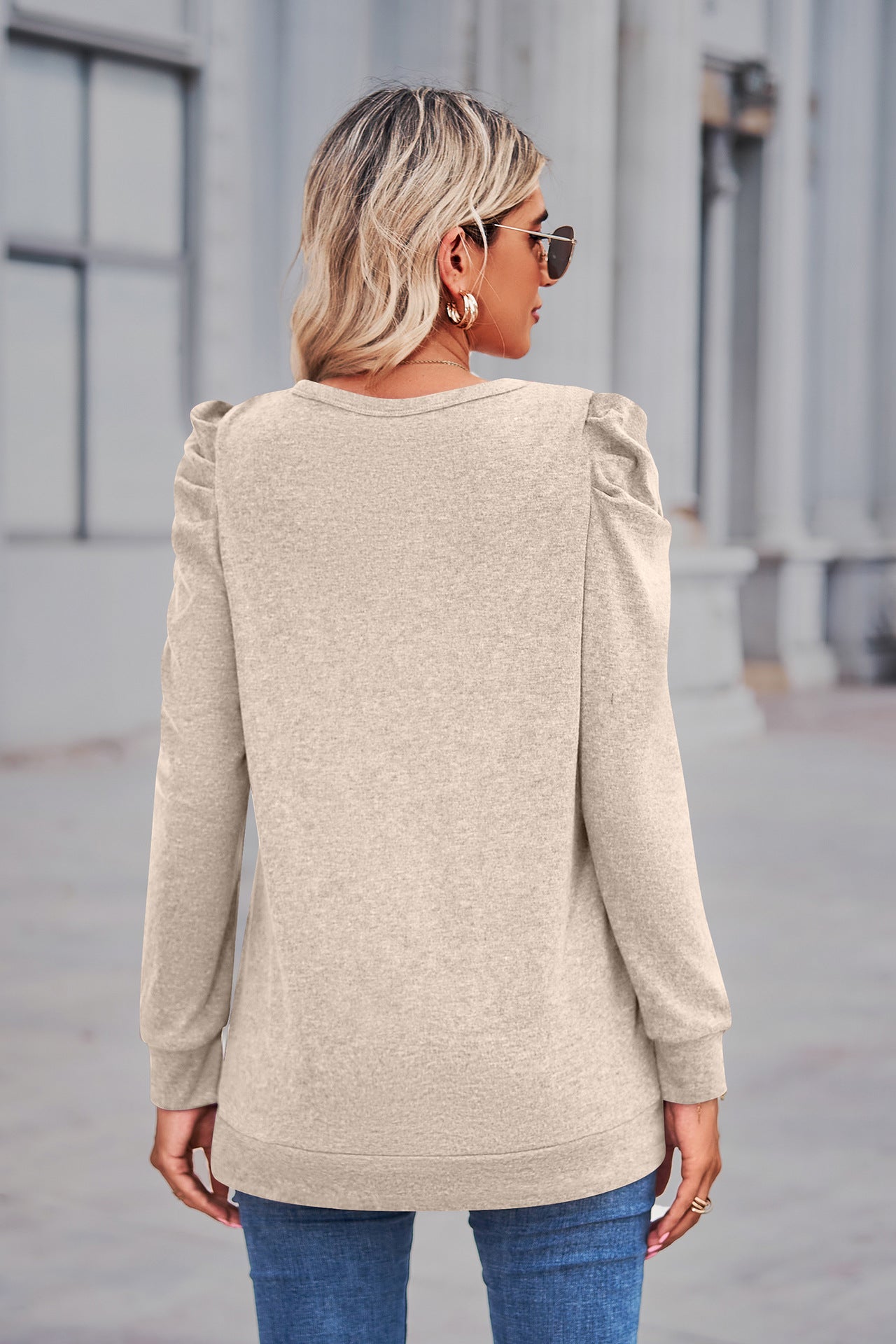 Heathered Puff Sleeve Round Neck Tunic Top - Body By J'ne