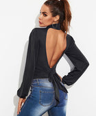 Backless Tie-Waist Turtleneck Lantern Sleeve Bodysuit - Body By J'ne