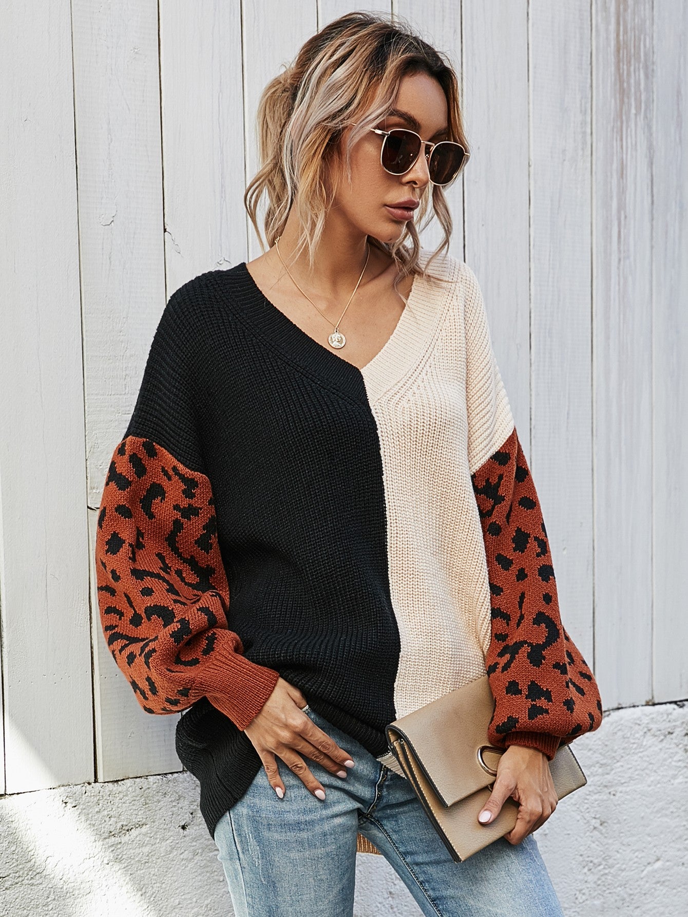 Leopard Color Block V-Neck Tunic Pullover Sweater - Body By J'ne