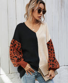 Leopard Color Block V-Neck Tunic Pullover Sweater - Body By J'ne