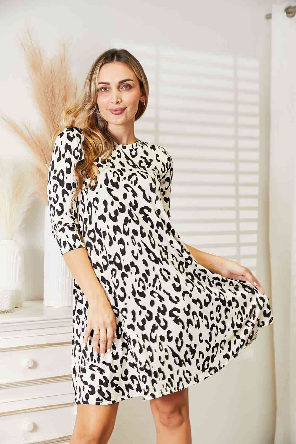 Full Size Leopard Three-Quarter Sleeve Dress with Pockets - Body By J'ne