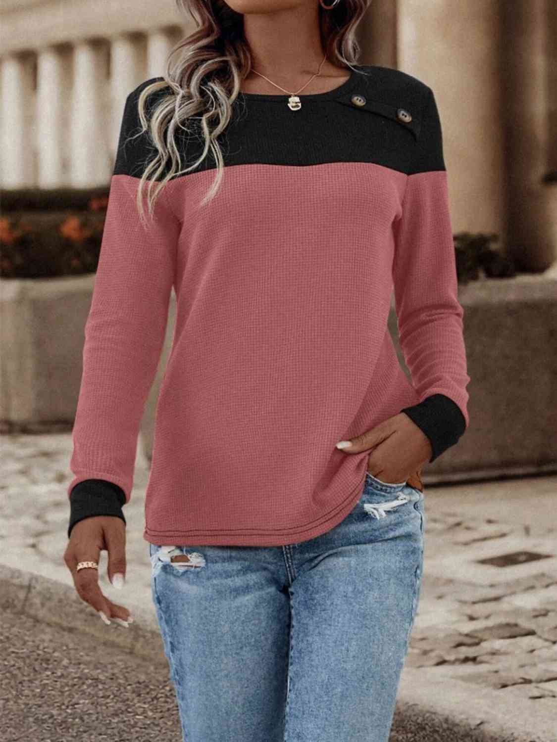 Contrast Buttoned Round Neck Long Sleeve T-Shirt - Body By J'ne