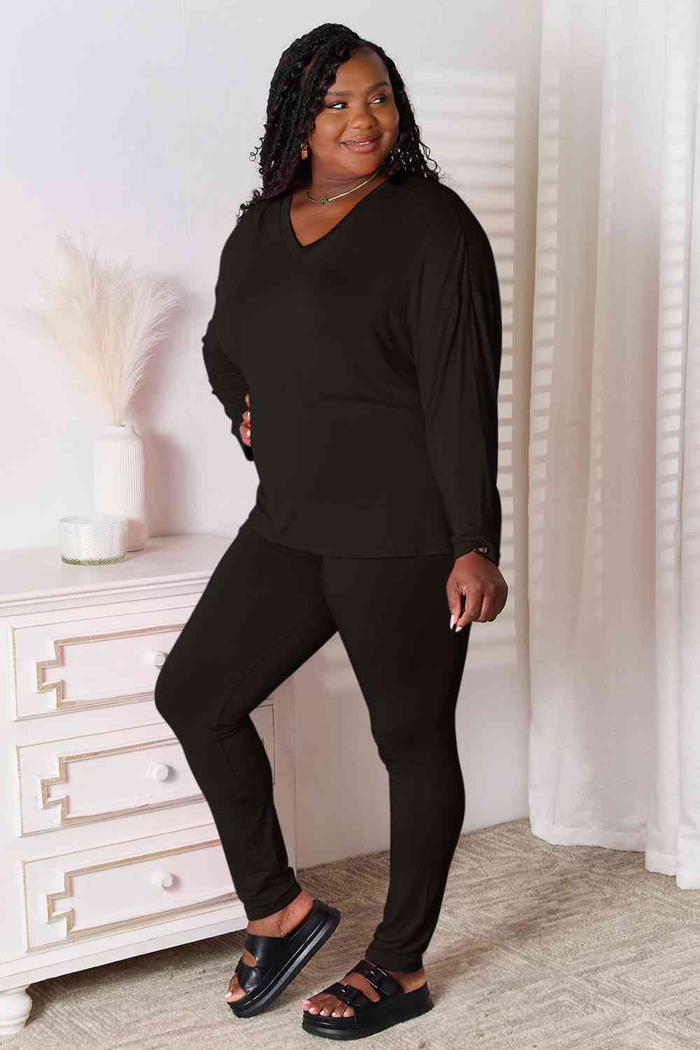 Full Size V-Neck Soft Rayon Long Sleeve Top and Pants Lounge Set - Body By J'ne