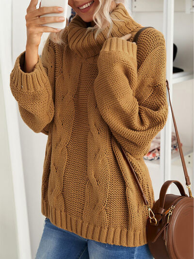 Cable-Knit Turtleneck Dropped Shoulder Sweater - Body By J'ne