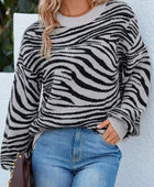 Animal Print Round Neck Dropped Shoulder Sweater - Body By J'ne