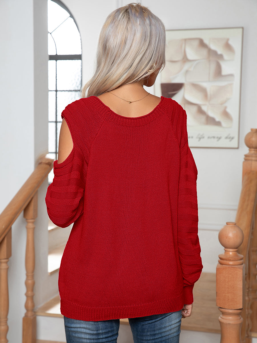 Decorative Button Cold-Shoulder Sweater - Body By J'ne