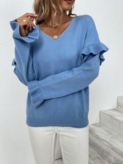 Ruffled V-Neck Dropped Shoulder Sweater - Body By J'ne