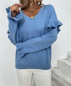 Ruffled V-Neck Dropped Shoulder Sweater - Body By J'ne