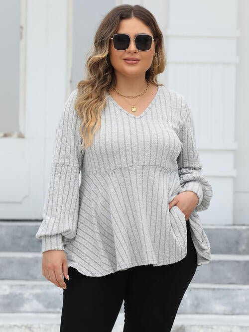 Plus Size Ribbed V-Neck Long Sleeve Blouse - Body By J'ne