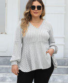 Plus Size Ribbed V-Neck Long Sleeve Blouse - Body By J'ne