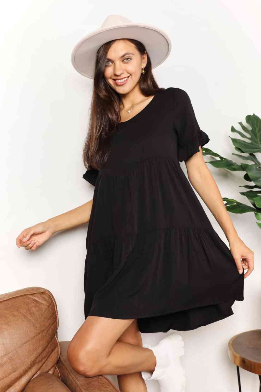 V-Neck Flounce Sleeve Tiered Dress - Body By J'ne