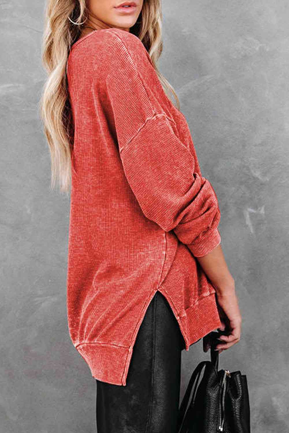 Waffle Knit Side Slit Drop Shoulder Sweatshirt - Body By J'ne