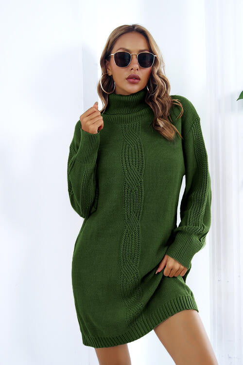 Openwork Turtleneck Long Sleeve Sweater Dress - Body By J'ne