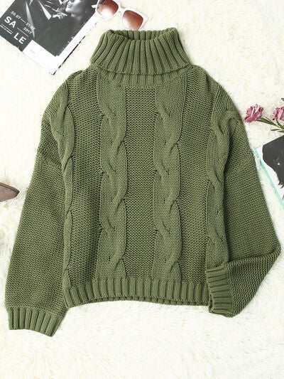 Cable-Knit Turtleneck Dropped Shoulder Sweater - Body By J'ne