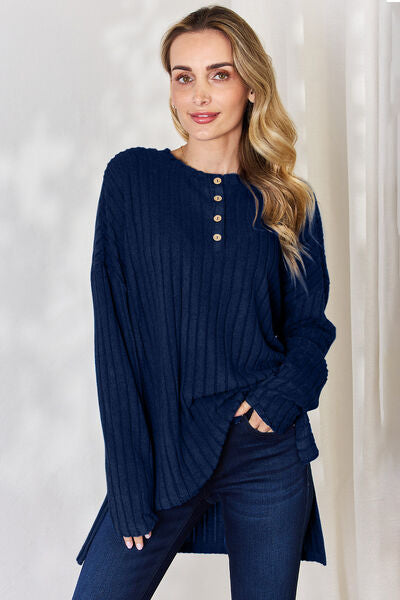 Full Size Ribbed Half Button Long Sleeve High-Low T-Shirt - Body By J'ne