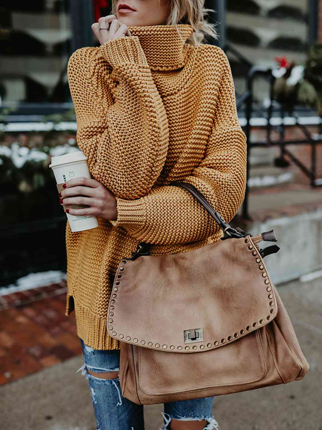 Turtleneck Dropped Shoulder Slit Sweater - Body By J'ne