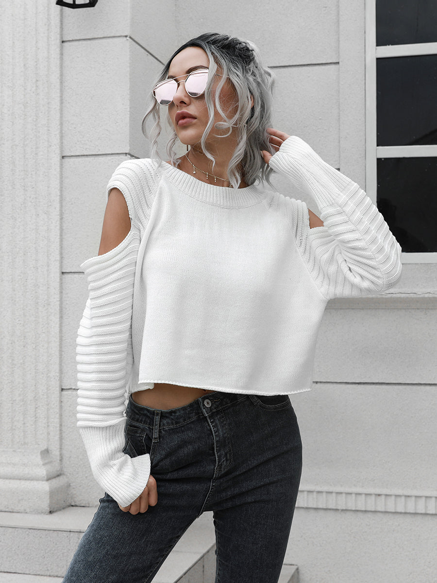 Cold-Shoulder Ribbed Trim Sweater - Body By J'ne