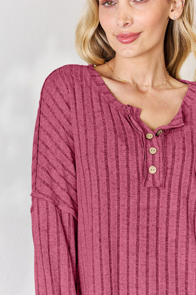 Full Size Ribbed Half Button Long Sleeve T-Shirt - Body By J'ne