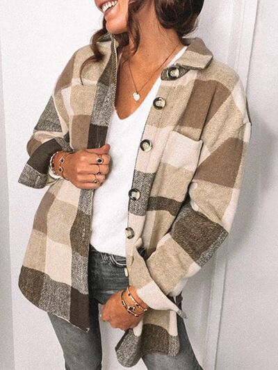 Plaid Pocketed Dropped Shoulder Button Up Jacket - Body By J'ne