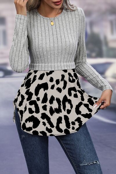 Leopard Peplum Round Neck Blouse - Body By J'ne