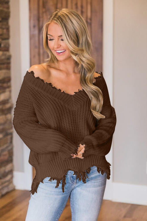 Frayed Hem Dropped Shoulder Sweater - Body By J'ne