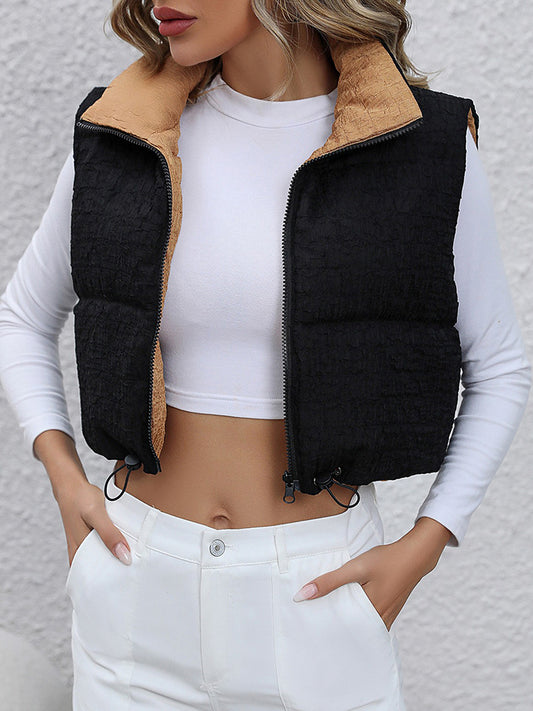 Drawstring Zip-Up Cropped Vest - Body By J'ne