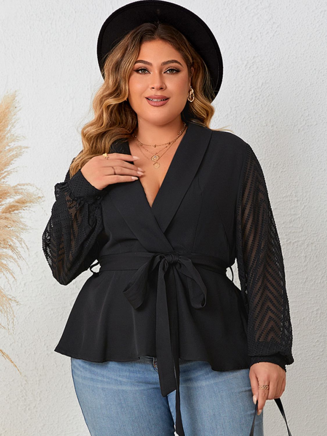 Plus Size Tie Waist Long Sleeve Blouse - Body By J'ne