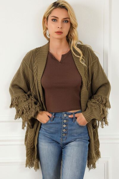 Cable-Knit Fringe Pocketed Cardigan - Body By J'ne