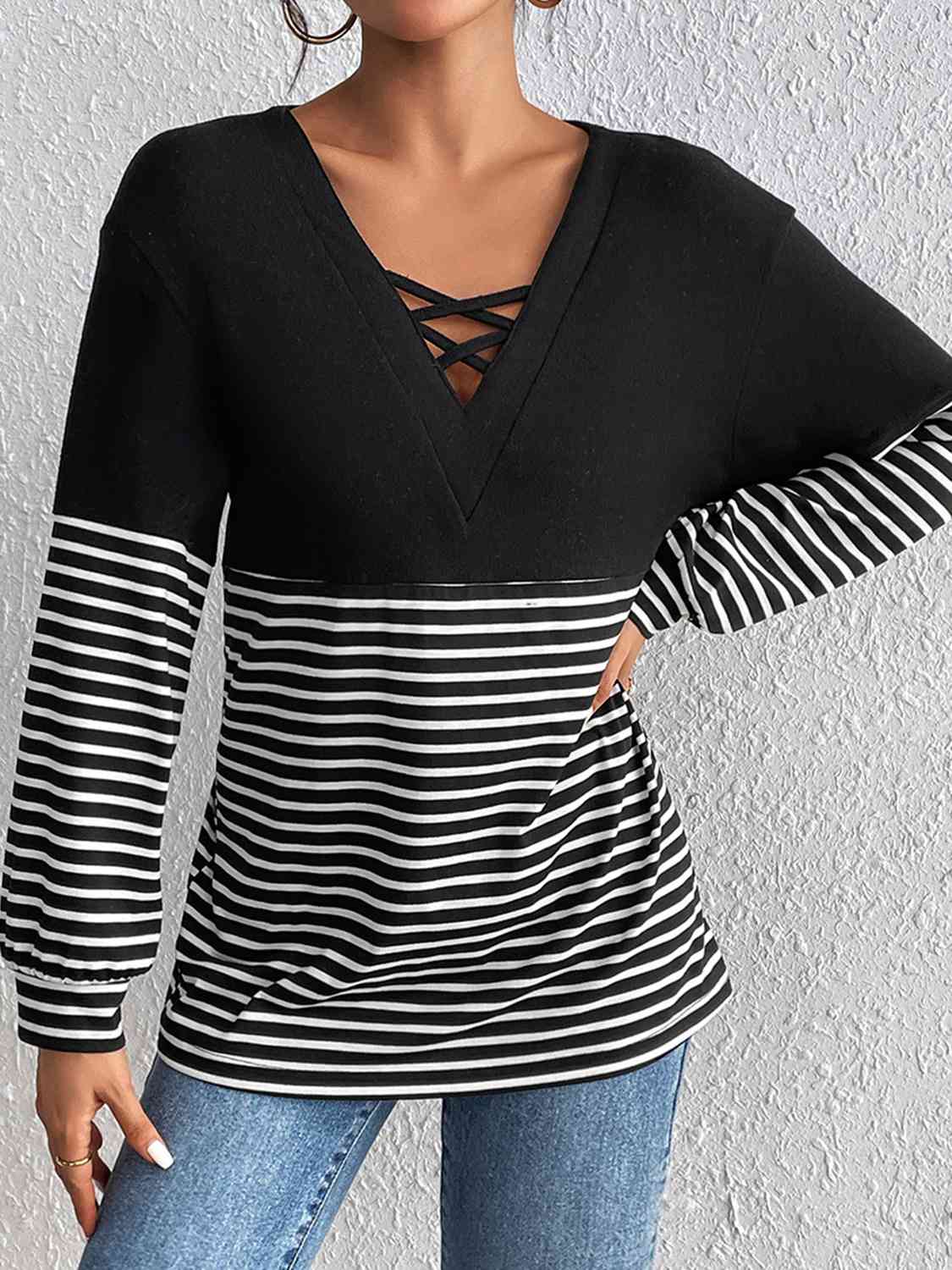 Striped Crisscross V-Neck Long Sleeve T-Shirt - Body By J'ne