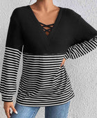 Striped Crisscross V-Neck Long Sleeve T-Shirt - Body By J'ne