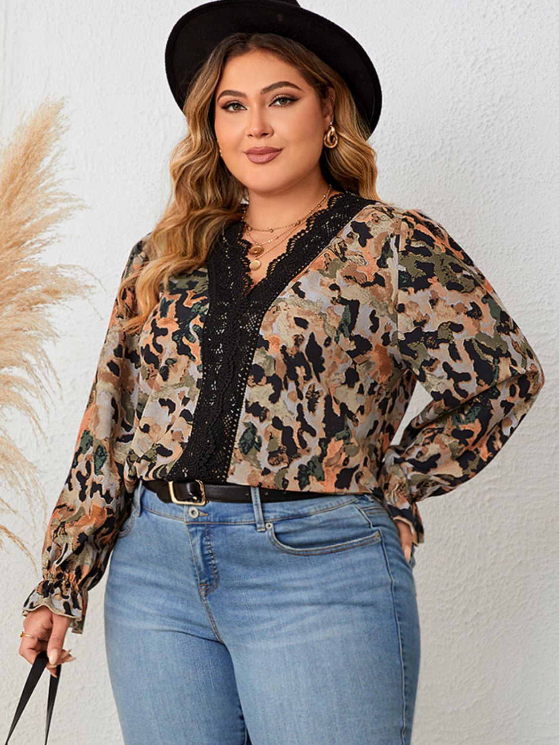 Plus Size Lace Trim Flounce Sleeve Blouse - Body By J'ne