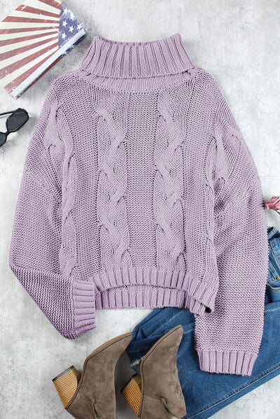 Cable-Knit Turtleneck Dropped Shoulder Sweater - Body By J'ne