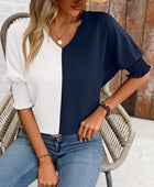 Contrast V-Neck Lantern Sleeve Blouse - Body By J'ne