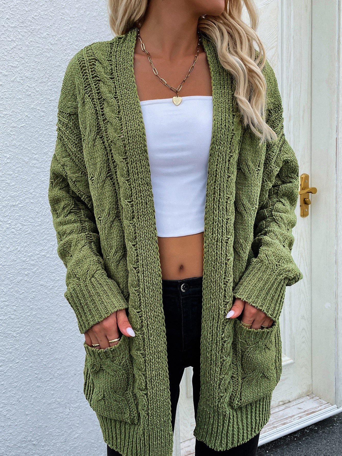 Woven Right Cable-Knit Open Front Cardigan with Front Pockets - Body By J'ne