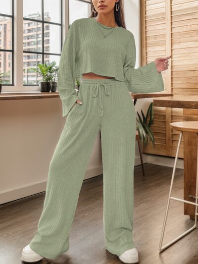 Ribbed Round Neck Top and Drawstring Pants Set - Body By J'ne