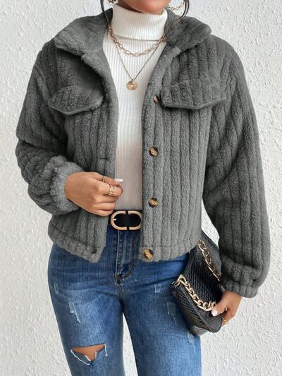 Fuzzy Button Up Collared Neck Jacket - Body By J'ne