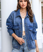 Button Up Dropped Shoulder Denim Jacket with Pockets - Body By J'ne