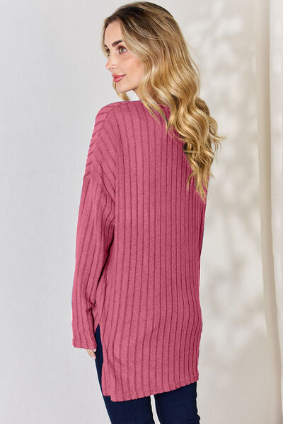 Full Size Ribbed Half Button Long Sleeve High-Low T-Shirt - Body By J'ne